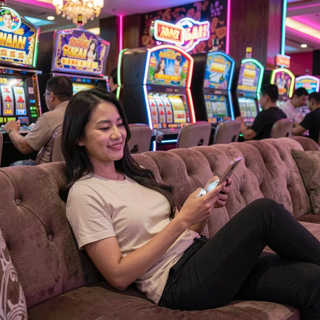 TTTPRO App – Relaxed and immersive mobile casino gaming for players in the Philippines Stylish Filipina player relaxing on a sofa while using the TTTPRO casino app with colorful slot machines and neon lights behind her